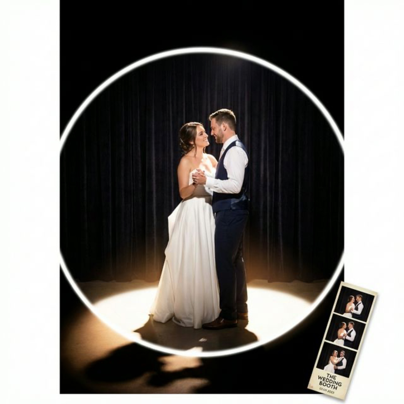 Couple in evening wear photographed inside a GoBooth portrait booth at their reception